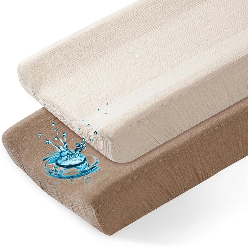 Basumee Muslin Changing Pad Cover Waterproof 2 Pack Baby Changing Table Covers for Boys and Girls Soft Breathable Nursery Diaper Change Table Cover Pad Fits 32"x16", Lvory and Brown - Image 1